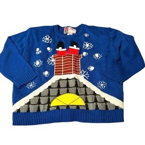 UGLY Christmas sweater blue knit Santa in chimney snowflakes unisex women’s XL